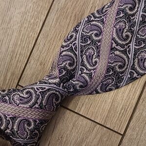 ALTEA Italy Metallic Silver Grey Purple Striped‎ Paisley Silk Tie